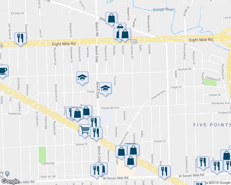 map of restaurants, bars, coffee shops, grocery stores, and more near 18672 Olympia Street in Redford Charter Township