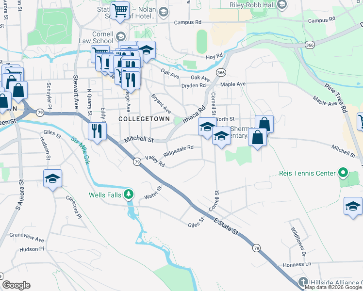 map of restaurants, bars, coffee shops, grocery stores, and more near 211 Ridgedale Road in Ithaca