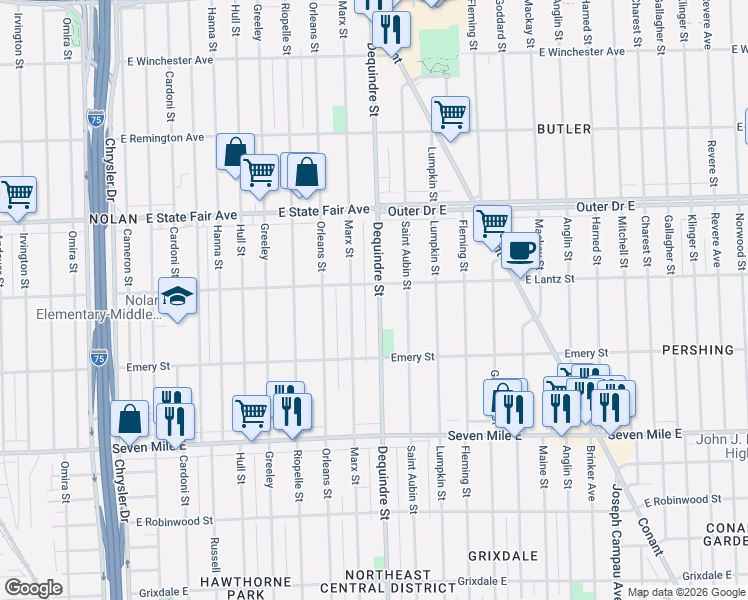 map of restaurants, bars, coffee shops, grocery stores, and more near 19377 Dequindre Street in Detroit