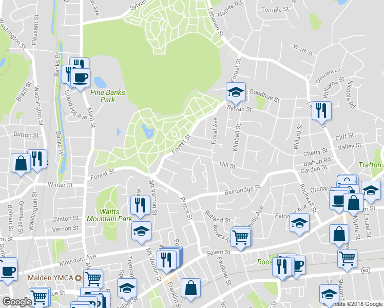 map of restaurants, bars, coffee shops, grocery stores, and more near Goodwin Avenue in Malden