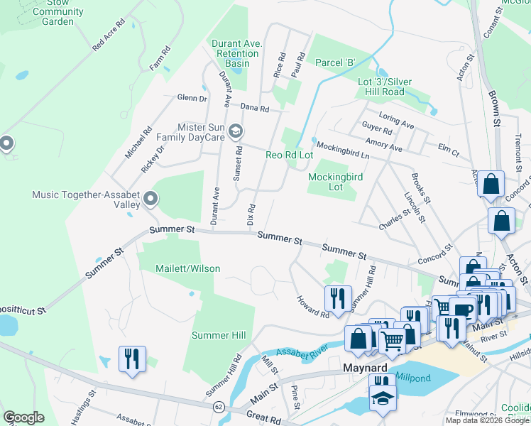 map of restaurants, bars, coffee shops, grocery stores, and more near 1 Nancy Circle in Maynard