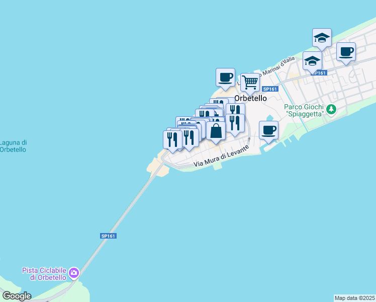 map of restaurants, bars, coffee shops, grocery stores, and more near 137 Corso Italia in Orbetello