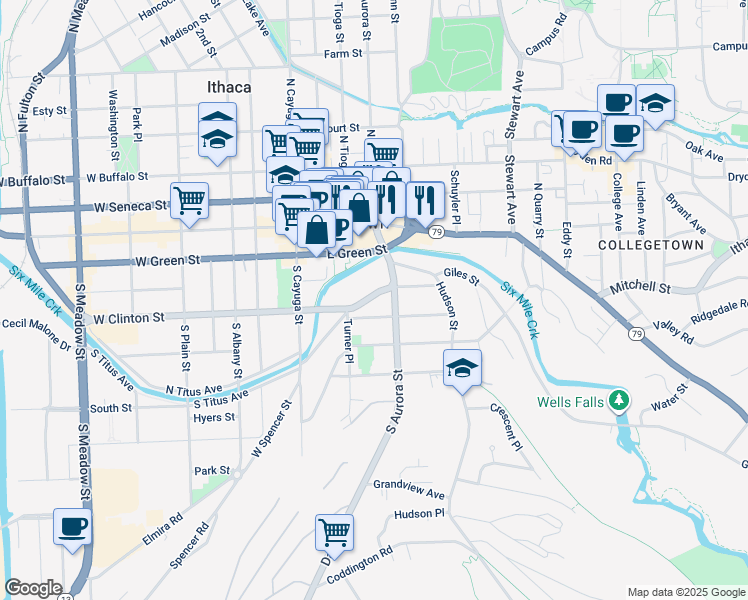 map of restaurants, bars, coffee shops, grocery stores, and more near 213 Pleasant Street in Ithaca