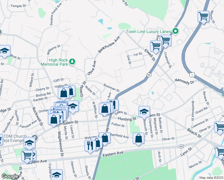 map of restaurants, bars, coffee shops, grocery stores, and more near 57 Durso Avenue in Malden