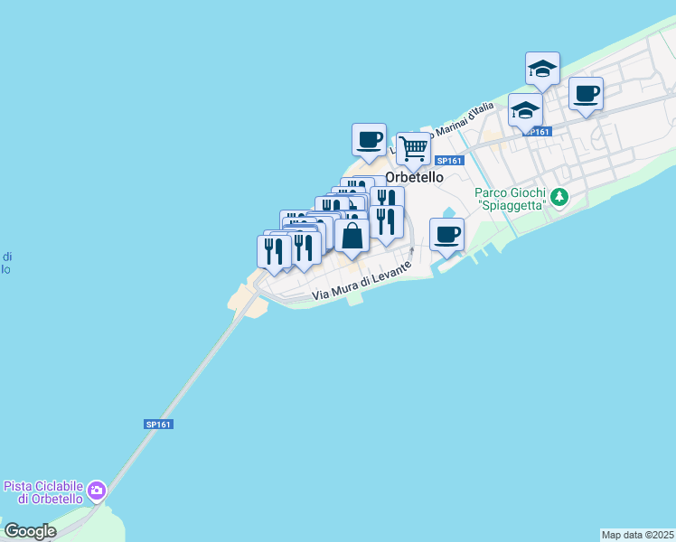 map of restaurants, bars, coffee shops, grocery stores, and more near in Orbetello