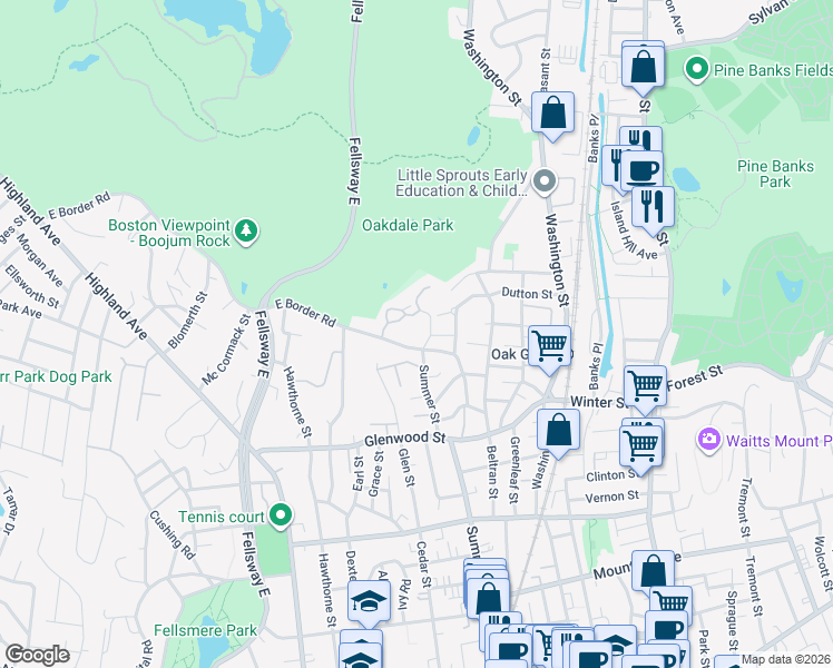 map of restaurants, bars, coffee shops, grocery stores, and more near 25 Barnes Avenue in Malden
