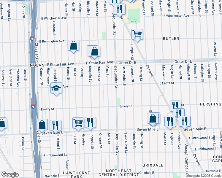 map of restaurants, bars, coffee shops, grocery stores, and more near 19377 Dequindre Street in Detroit