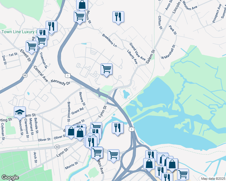 map of restaurants, bars, coffee shops, grocery stores, and more near North Salem Street in Revere