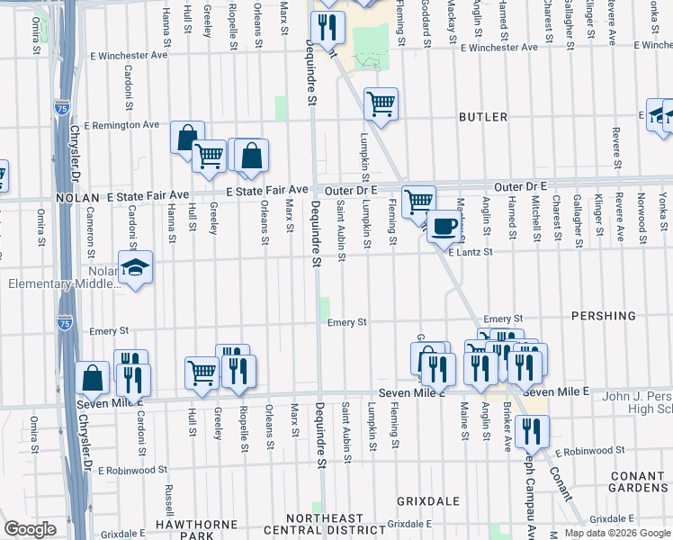 map of restaurants, bars, coffee shops, grocery stores, and more near 19375 Saint Aubin Street in Detroit