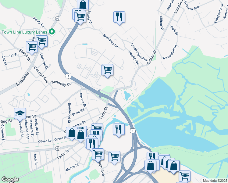 map of restaurants, bars, coffee shops, grocery stores, and more near North Salem Street in Revere