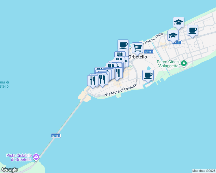 map of restaurants, bars, coffee shops, grocery stores, and more near 17 Piazza Plebiscito in Orbetello