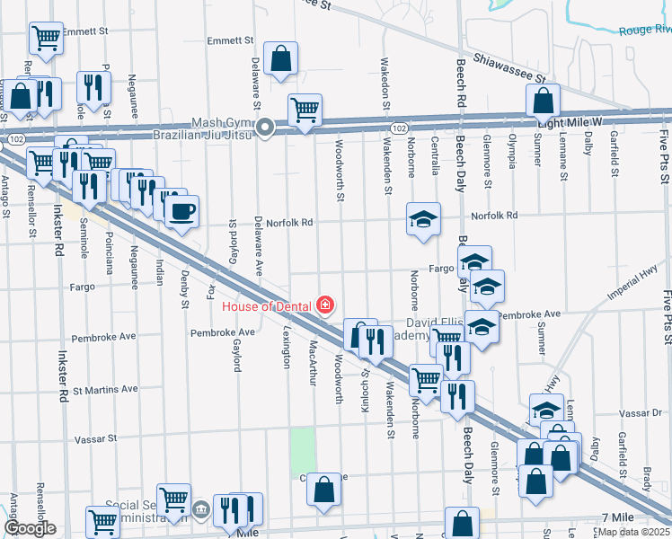 map of restaurants, bars, coffee shops, grocery stores, and more near 20005 Woodworth in Redford Charter Township