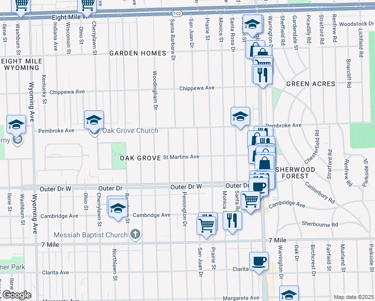 map of restaurants, bars, coffee shops, grocery stores, and more near 19776 Pennington Drive in Detroit
