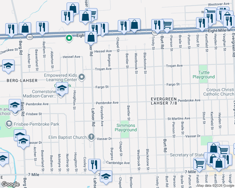map of restaurants, bars, coffee shops, grocery stores, and more near 19966 Chapel Street in Detroit