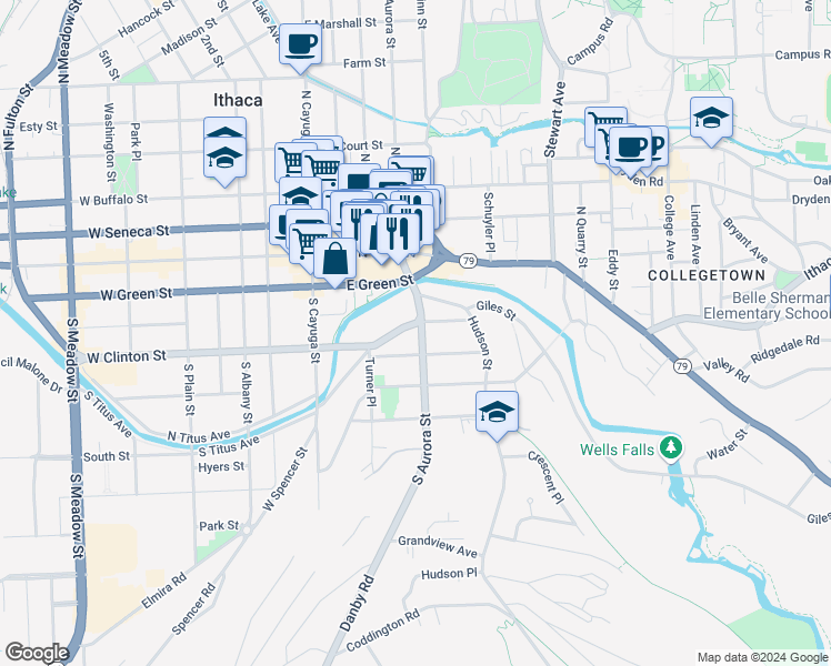 map of restaurants, bars, coffee shops, grocery stores, and more near 127 Prospect Street in Ithaca