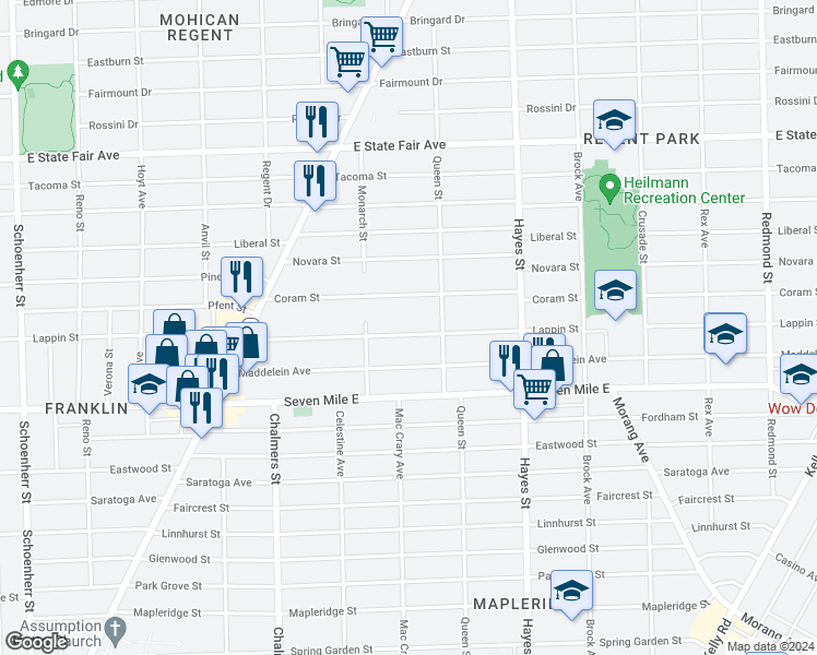 map of restaurants, bars, coffee shops, grocery stores, and more near 14783 Lappin Street in Detroit