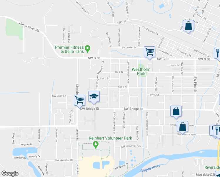 map of restaurants, bars, coffee shops, grocery stores, and more near 518 Southwest Leonard Street in Grants Pass