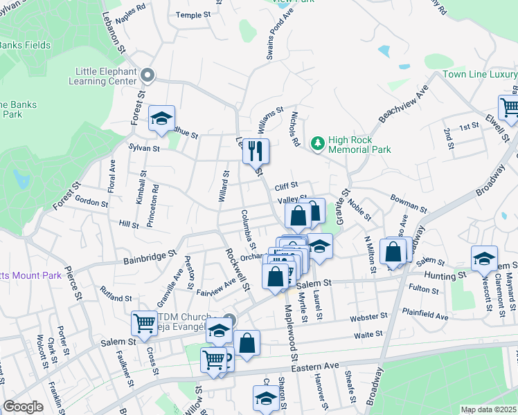 map of restaurants, bars, coffee shops, grocery stores, and more near 254 Lebanon Street in Malden
