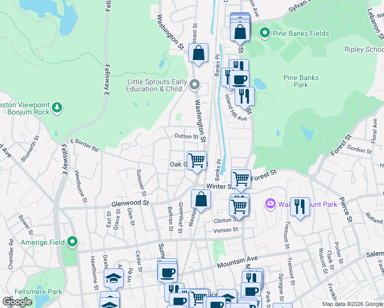 map of restaurants, bars, coffee shops, grocery stores, and more near 17 Lyle Terrace in Malden