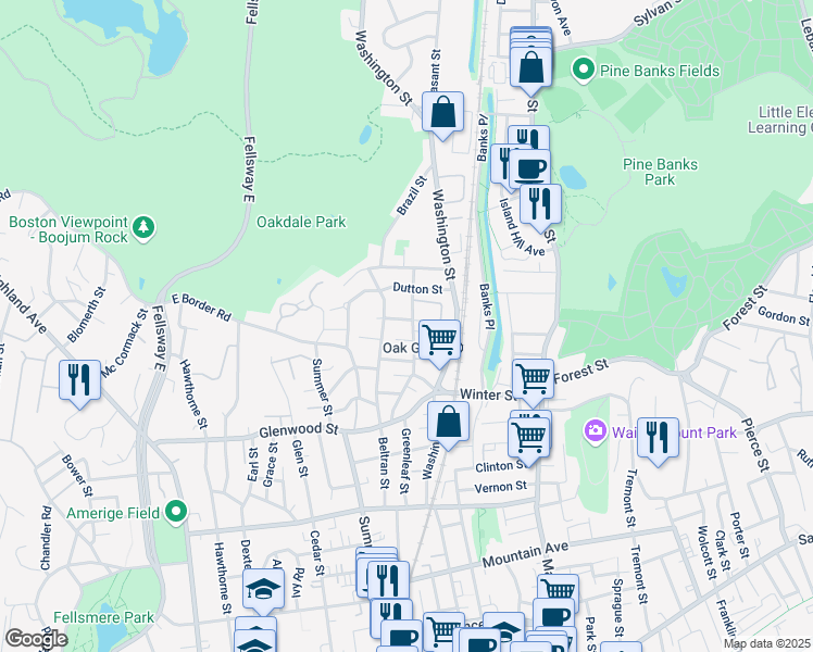 map of restaurants, bars, coffee shops, grocery stores, and more near 114 Wyoming Avenue in Malden