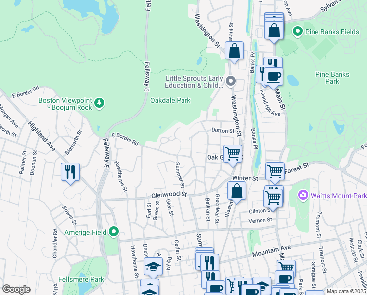 map of restaurants, bars, coffee shops, grocery stores, and more near 38 Glen Rock Circle in Malden
