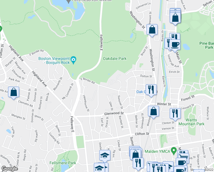 map of restaurants, bars, coffee shops, grocery stores, and more near 57 East Border Road in Malden