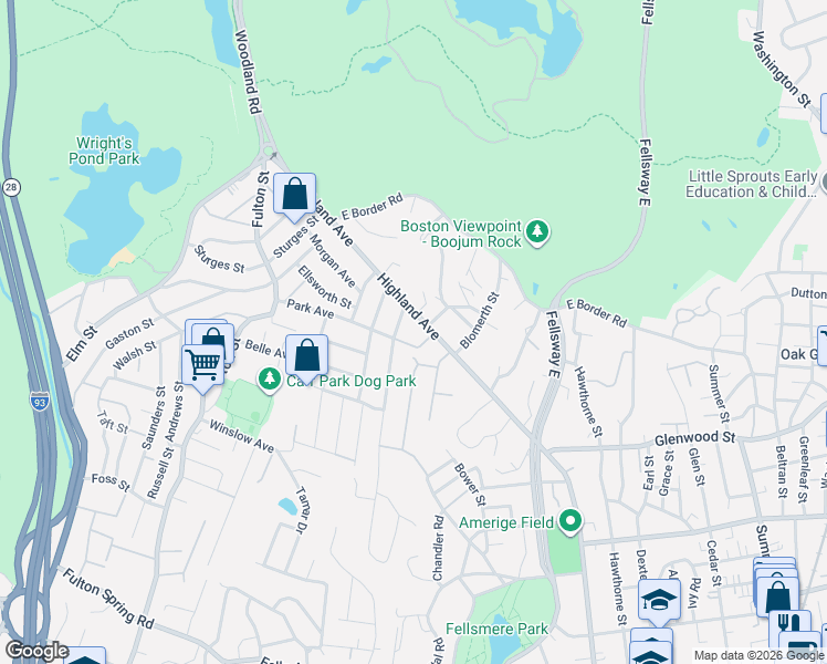 map of restaurants, bars, coffee shops, grocery stores, and more near 803 Highland Avenue in Medford