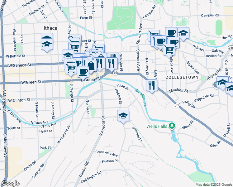 map of restaurants, bars, coffee shops, grocery stores, and more near 135 Hudson Street in Ithaca