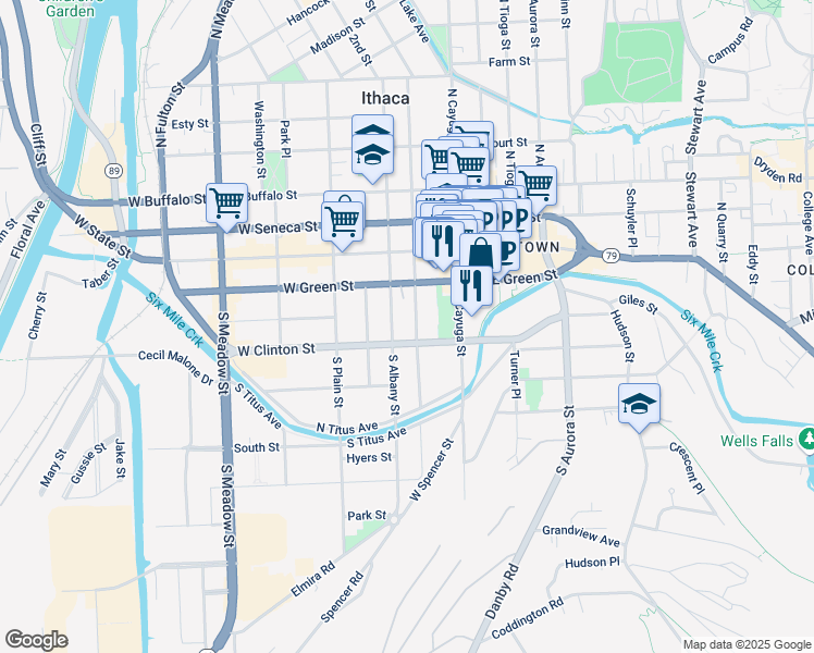 map of restaurants, bars, coffee shops, grocery stores, and more near 211 South Albany Street in Ithaca