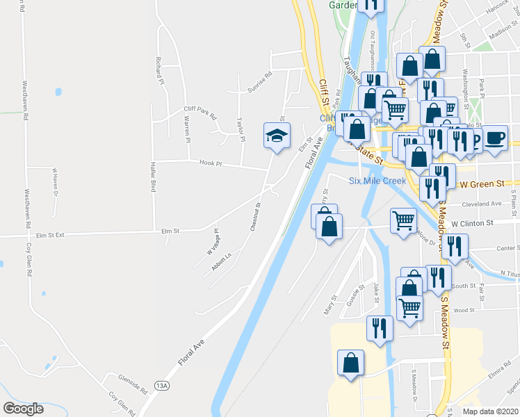 map of restaurants, bars, coffee shops, grocery stores, and more near 426 Chestnut Street in Ithaca
