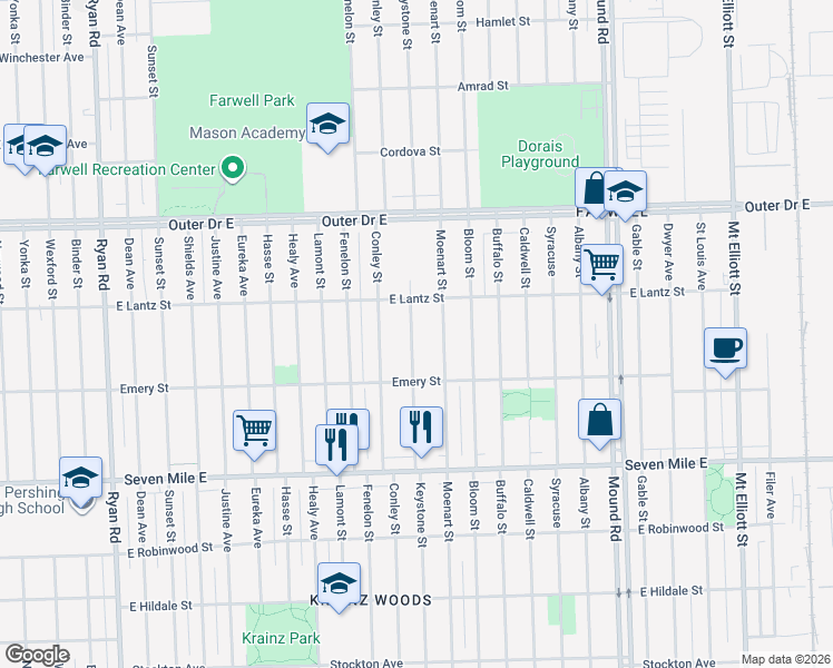 map of restaurants, bars, coffee shops, grocery stores, and more near 19445 Keystone Street in Detroit