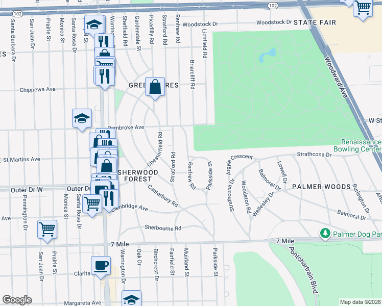 map of restaurants, bars, coffee shops, grocery stores, and more near 19630 Renfrew Road in Detroit