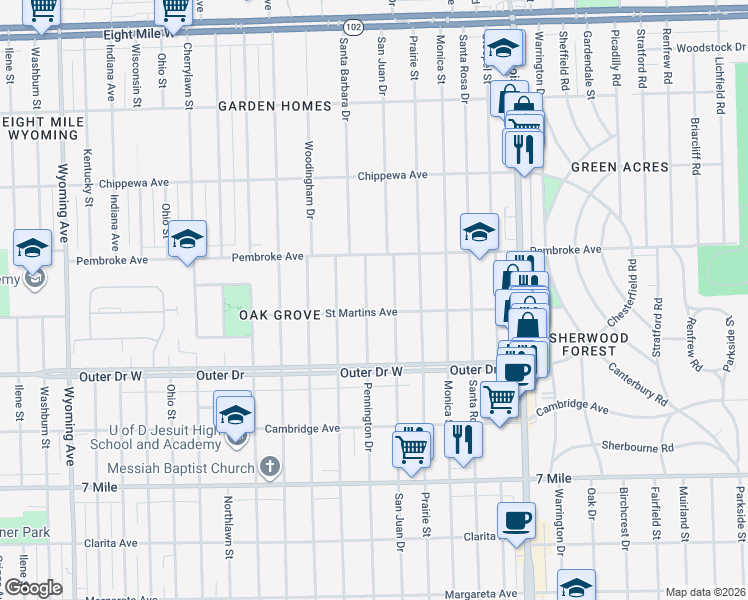 map of restaurants, bars, coffee shops, grocery stores, and more near 19776 Pennington Drive in Detroit