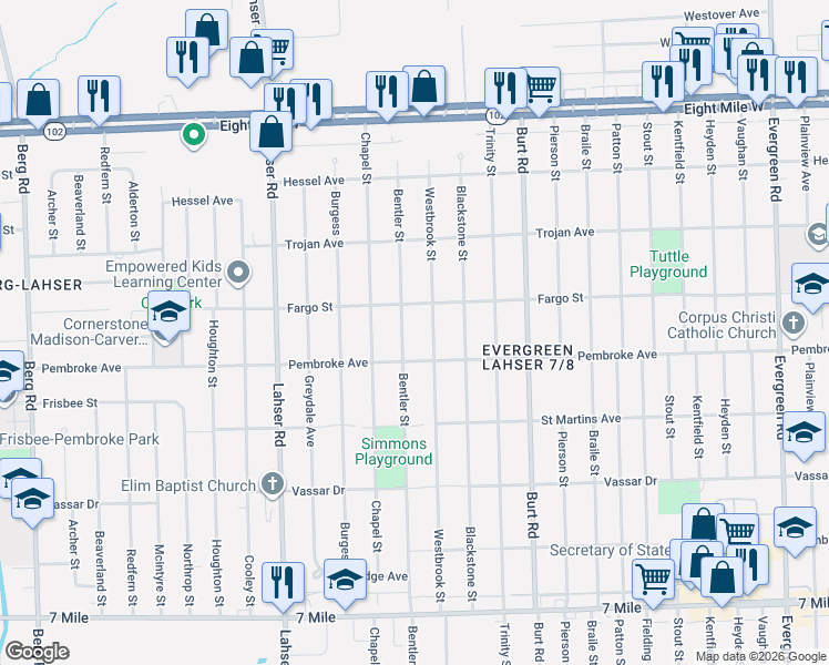 map of restaurants, bars, coffee shops, grocery stores, and more near 19967 Westbrook Street in Detroit