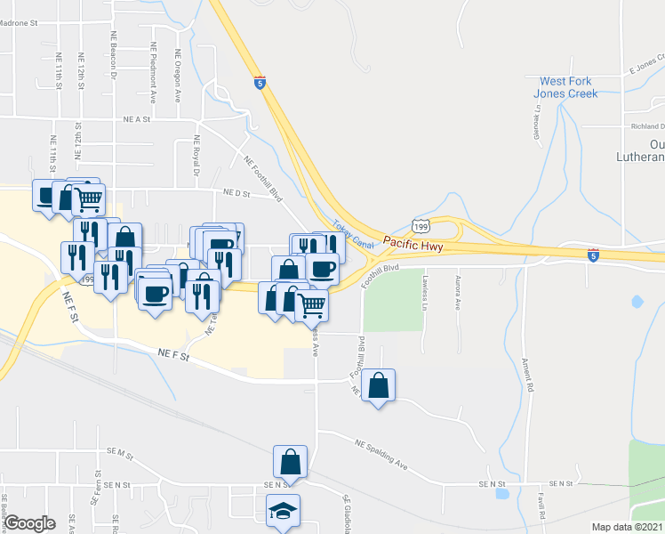 map of restaurants, bars, coffee shops, grocery stores, and more near 111 Northeast Agness Avenue in Grants Pass