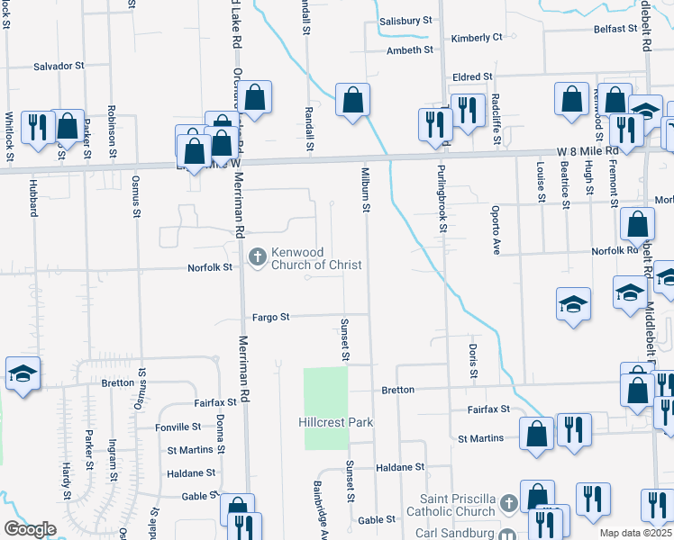 map of restaurants, bars, coffee shops, grocery stores, and more near 20227 Milburn Street in Livonia