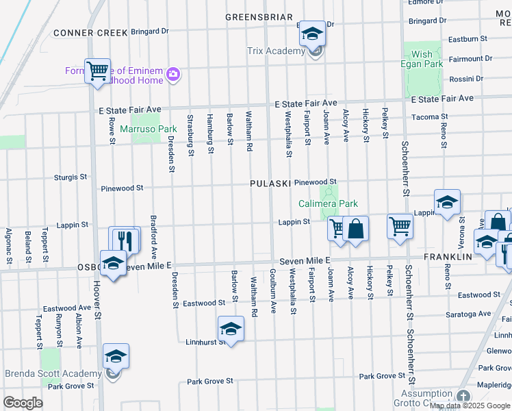 map of restaurants, bars, coffee shops, grocery stores, and more near 19352 Waltham Street in Detroit