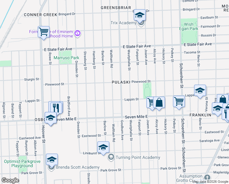 map of restaurants, bars, coffee shops, grocery stores, and more near 19408 Waltham Street in Detroit