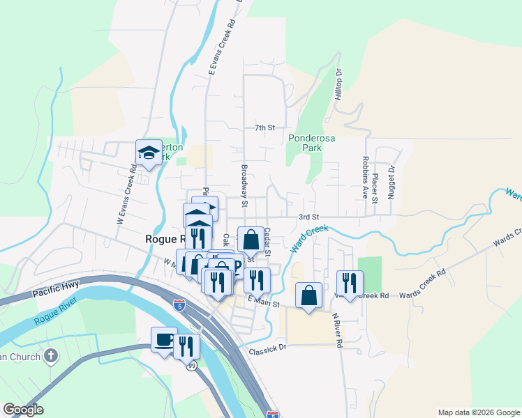 map of restaurants, bars, coffee shops, grocery stores, and more near 409 Cedar Street in Rogue River