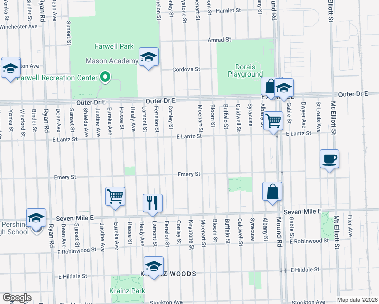 map of restaurants, bars, coffee shops, grocery stores, and more near 19445 Keystone Street in Detroit