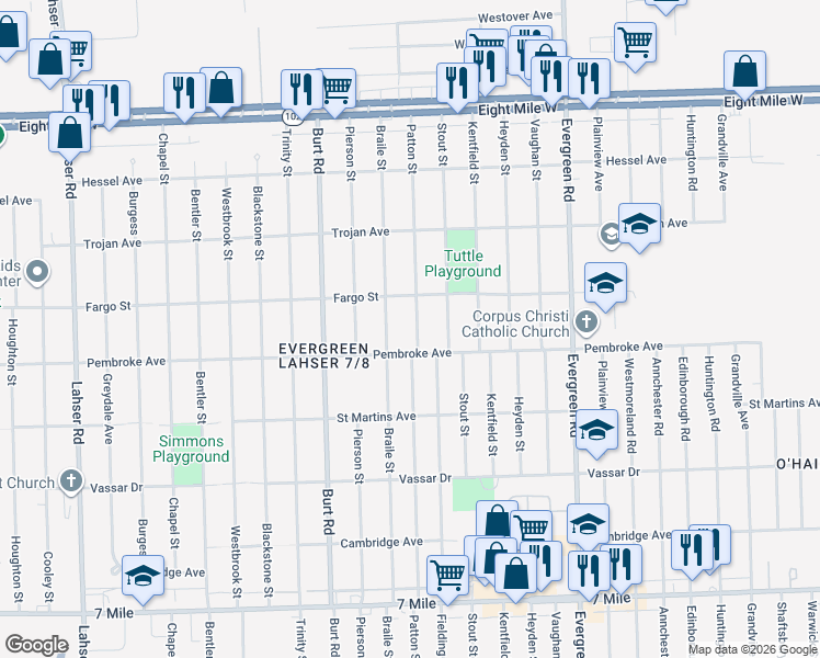 map of restaurants, bars, coffee shops, grocery stores, and more near 19929 Patton Street in Detroit