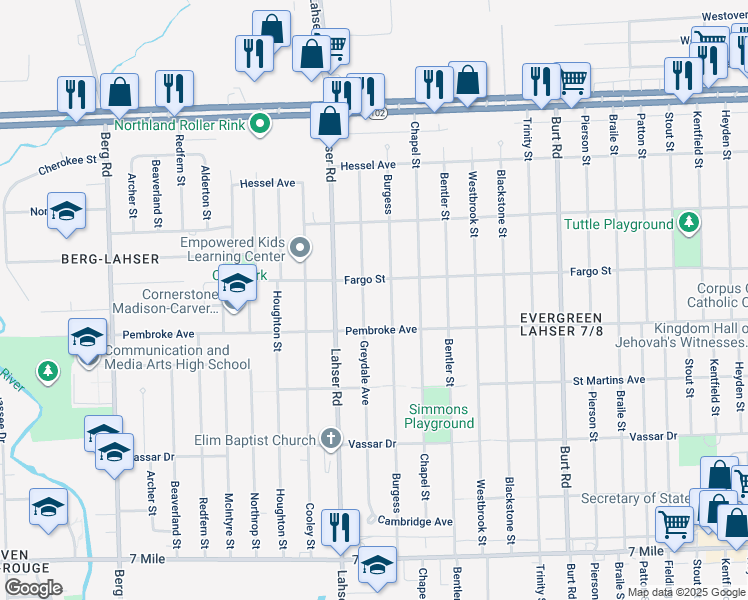 map of restaurants, bars, coffee shops, grocery stores, and more near 20001 Greydale Avenue in Detroit