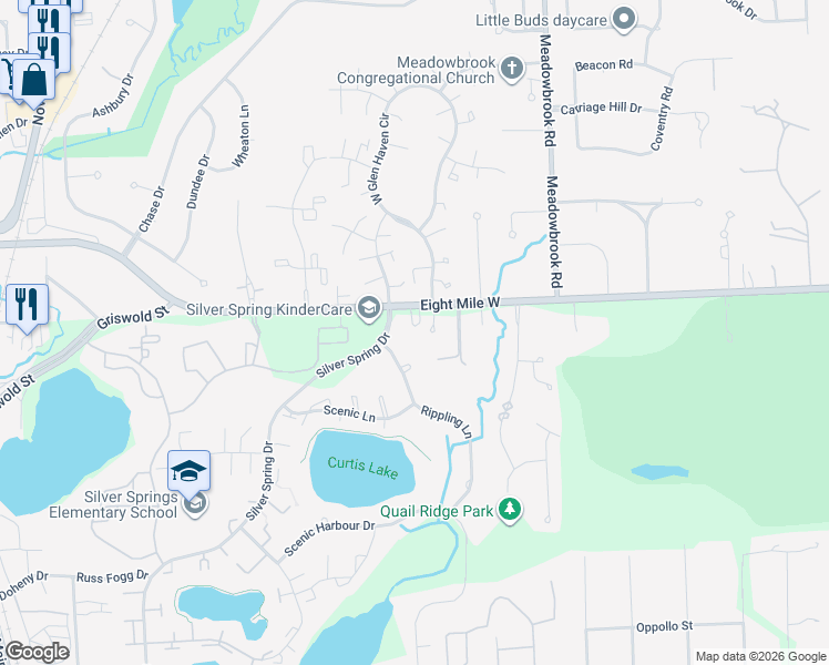 map of restaurants, bars, coffee shops, grocery stores, and more near 41885 Baseline Road in Northville