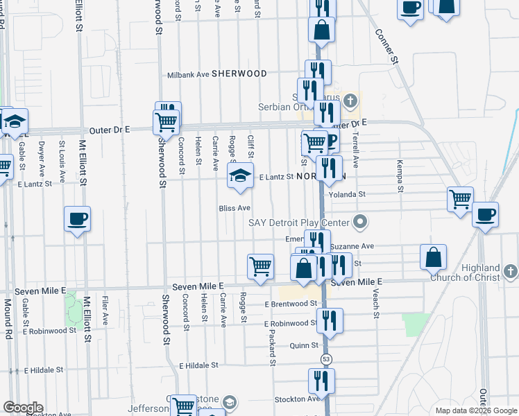 map of restaurants, bars, coffee shops, grocery stores, and more near 19441 Packard Street in Detroit