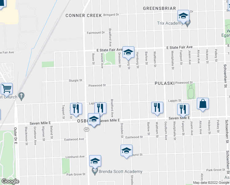 map of restaurants, bars, coffee shops, grocery stores, and more near 19366 Bradford Street in Detroit