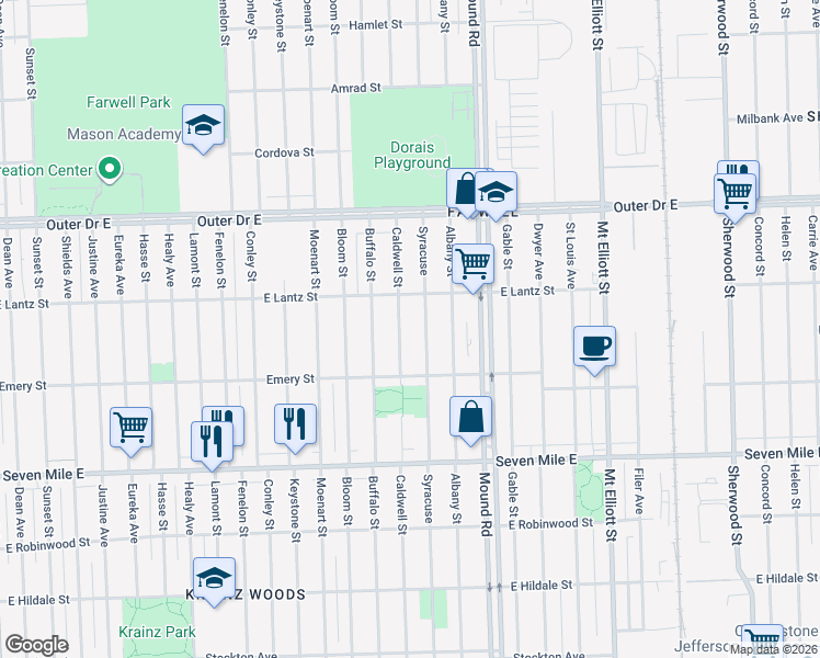 map of restaurants, bars, coffee shops, grocery stores, and more near 19436 Syracuse Street in Detroit