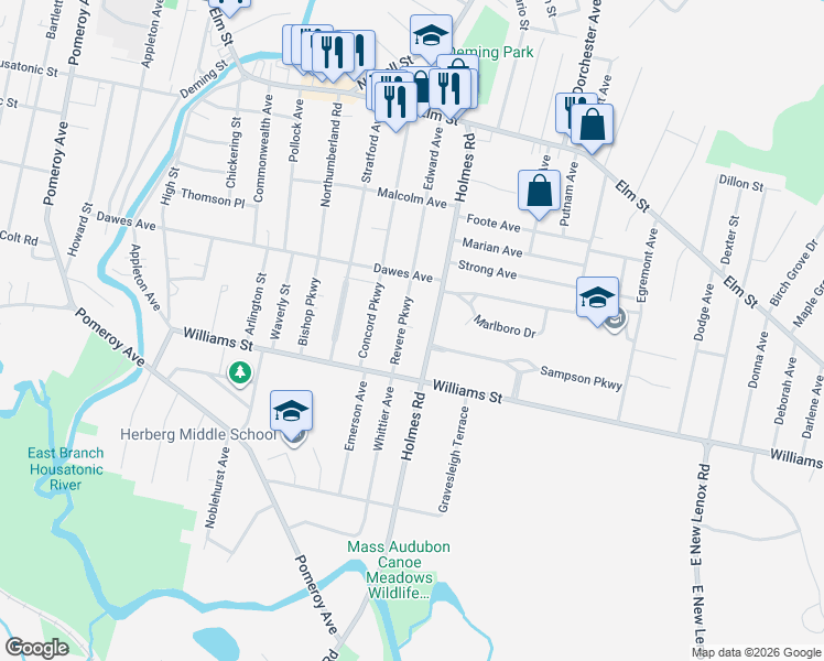 map of restaurants, bars, coffee shops, grocery stores, and more near 28 Revere Parkway in Pittsfield
