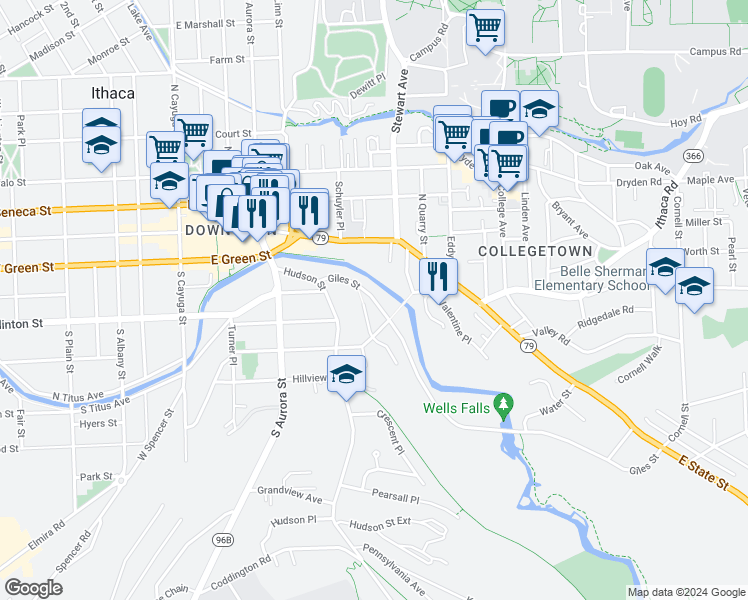 map of restaurants, bars, coffee shops, grocery stores, and more near 127 Giles Street in Ithaca