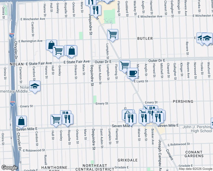 map of restaurants, bars, coffee shops, grocery stores, and more near 19606 Lumpkin Street in Detroit