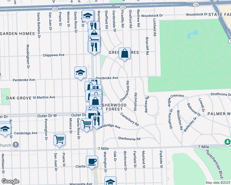 map of restaurants, bars, coffee shops, grocery stores, and more near 19680 Shrewsbury Road in Detroit